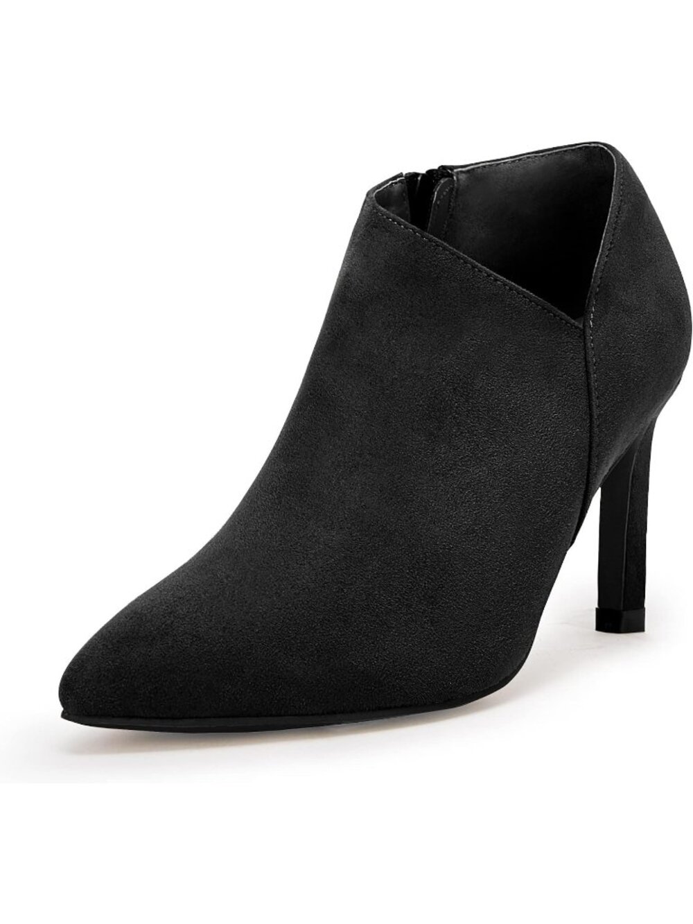 Women's Black Suede Pointed Toe V Cut Kitten Heel Side Zip Office Ankle Booties
